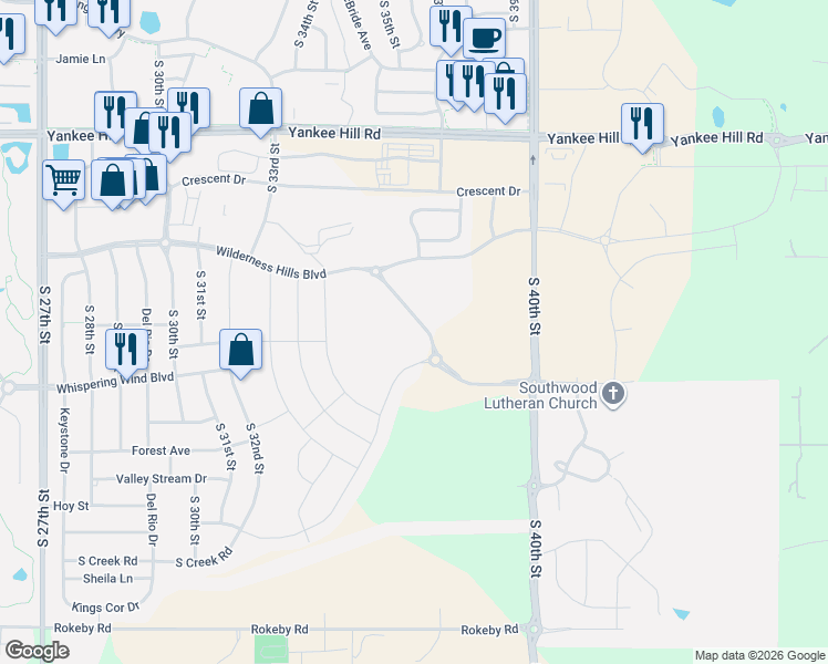 map of restaurants, bars, coffee shops, grocery stores, and more near 9025 South 40th Street in Lincoln