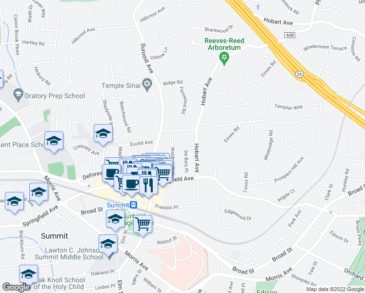 map of restaurants, bars, coffee shops, grocery stores, and more near 28 De Bary Place in Summit