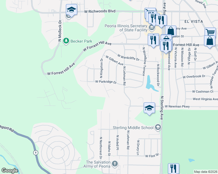 map of restaurants, bars, coffee shops, grocery stores, and more near 2919 W Kingston Ct in Peoria