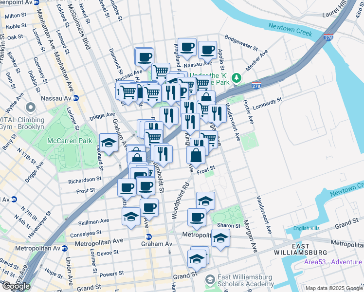 map of restaurants, bars, coffee shops, grocery stores, and more near 117 Kingsland Avenue in Brooklyn