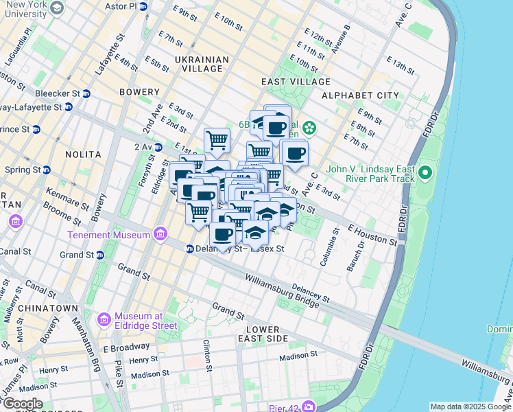 map of restaurants, bars, coffee shops, grocery stores, and more near 25 Clinton Street in New York