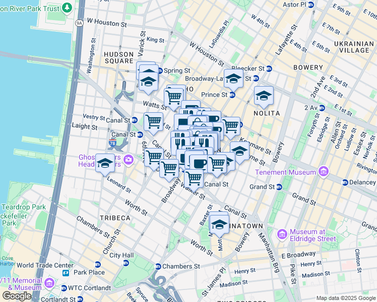 map of restaurants, bars, coffee shops, grocery stores, and more near 447 Broadway in New York