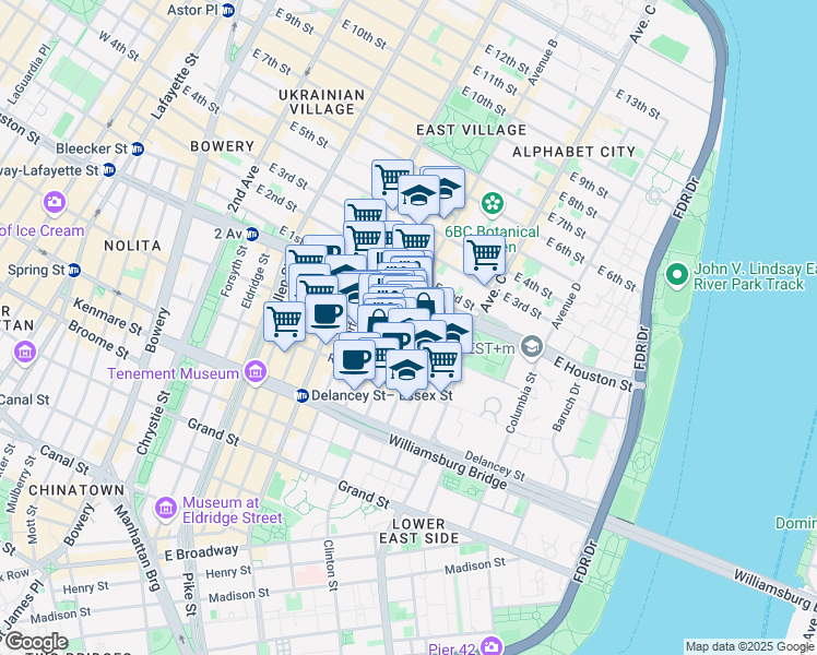 map of restaurants, bars, coffee shops, grocery stores, and more near 25 Clinton Street in New York