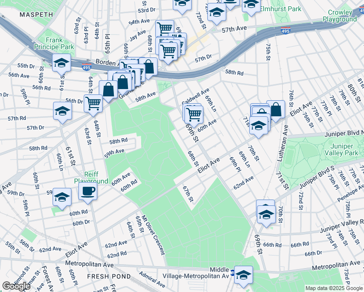 map of restaurants, bars, coffee shops, grocery stores, and more near 68-03 60th Road in Queens