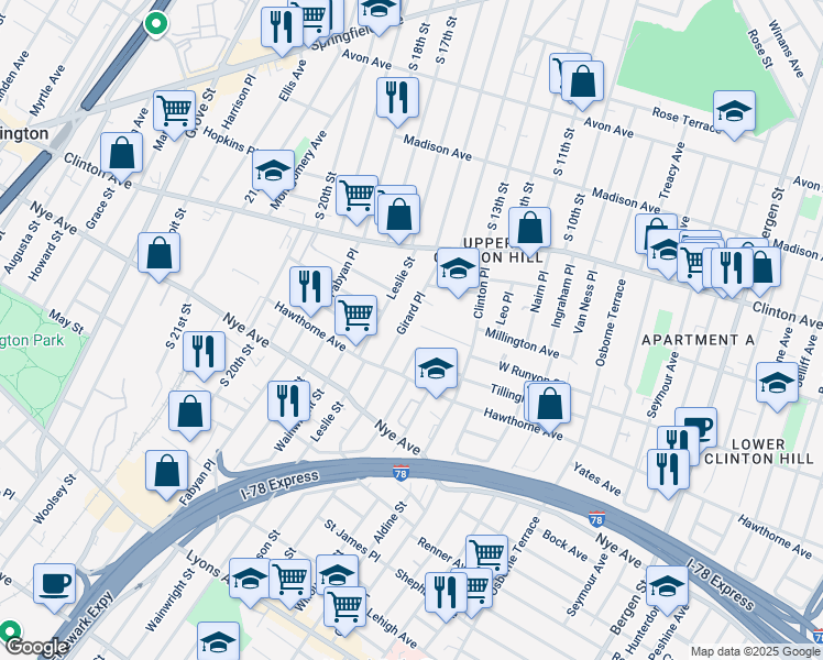 map of restaurants, bars, coffee shops, grocery stores, and more near 24 White Terrace in Newark