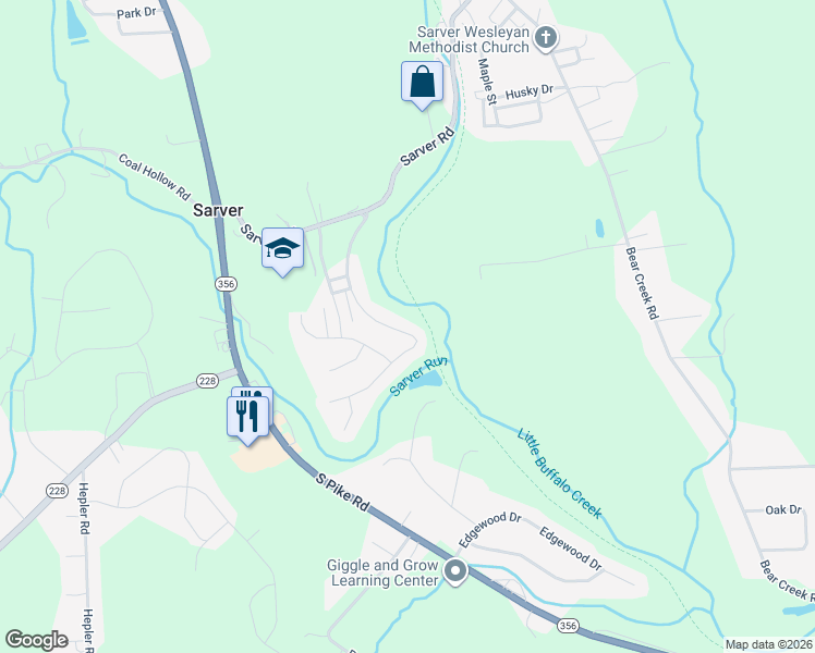 map of restaurants, bars, coffee shops, grocery stores, and more near 171 Creek Side Drive in Sarver