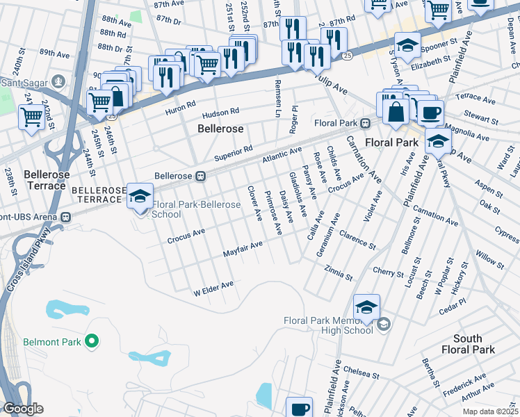 map of restaurants, bars, coffee shops, grocery stores, and more near 37 Clover Avenue in Floral Park