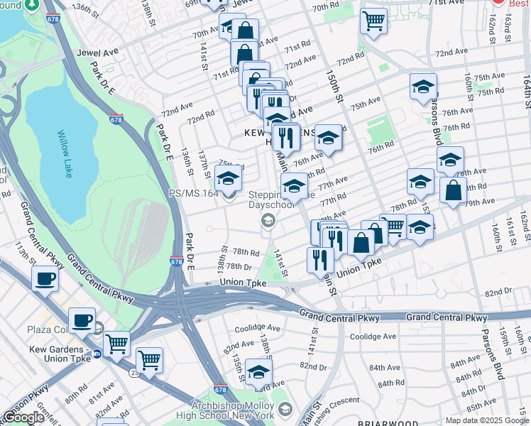 map of restaurants, bars, coffee shops, grocery stores, and more near 77-25 141st Street in Queens