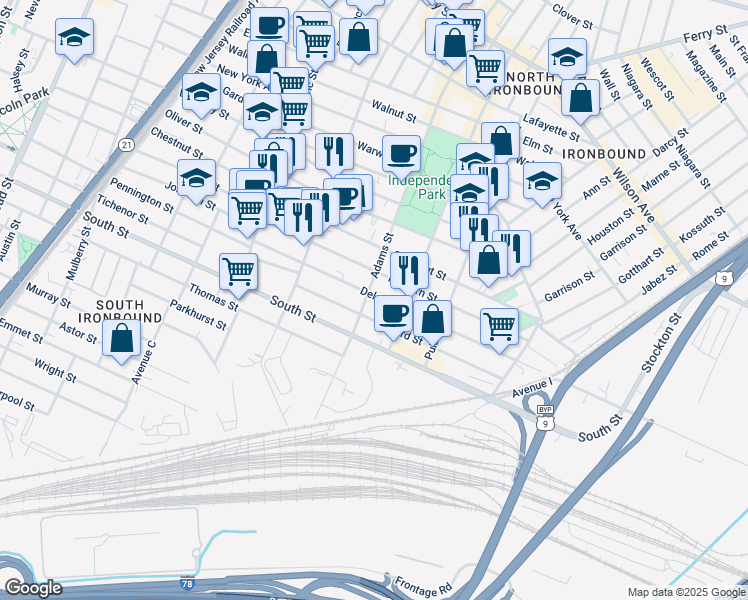 map of restaurants, bars, coffee shops, grocery stores, and more near 117 Delancy Street in Newark