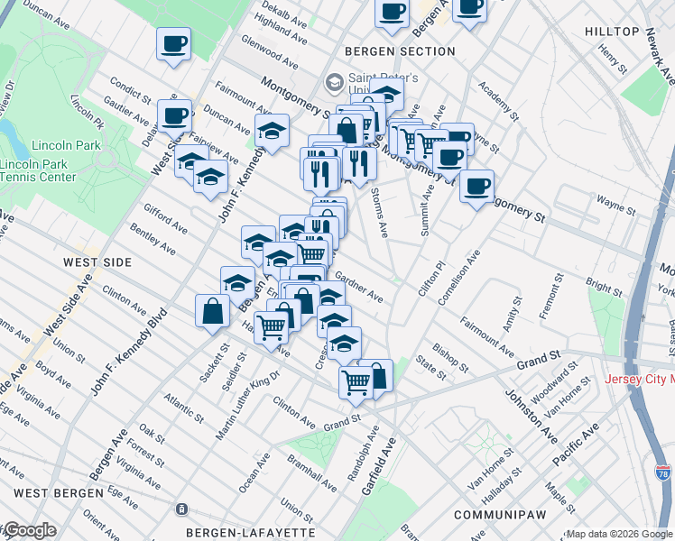 map of restaurants, bars, coffee shops, grocery stores, and more near 73 Gardner Avenue in Jersey City