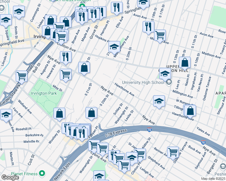 map of restaurants, bars, coffee shops, grocery stores, and more near 19 Birks Place in Newark