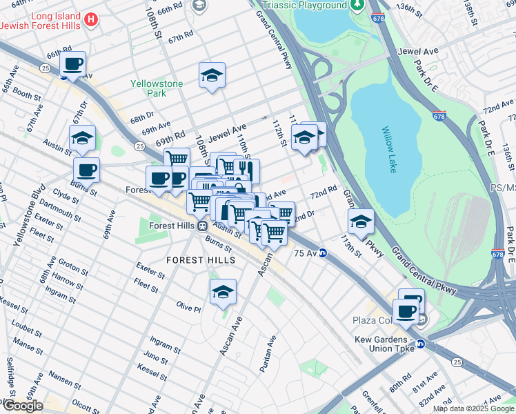 map of restaurants, bars, coffee shops, grocery stores, and more near 10915 Queens Boulevard in Queens