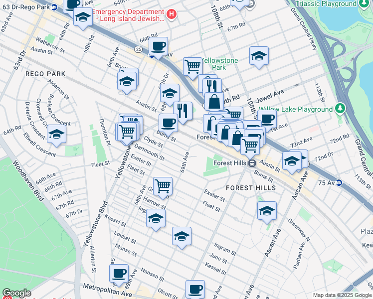 map of restaurants, bars, coffee shops, grocery stores, and more near 68-50 Burns Street in Queens