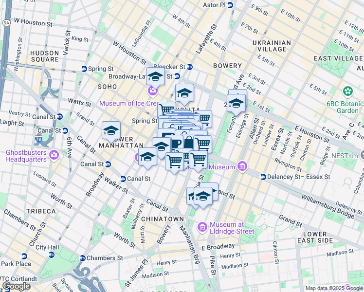 map of restaurants, bars, coffee shops, grocery stores, and more near 146 Elizabeth Street in New York