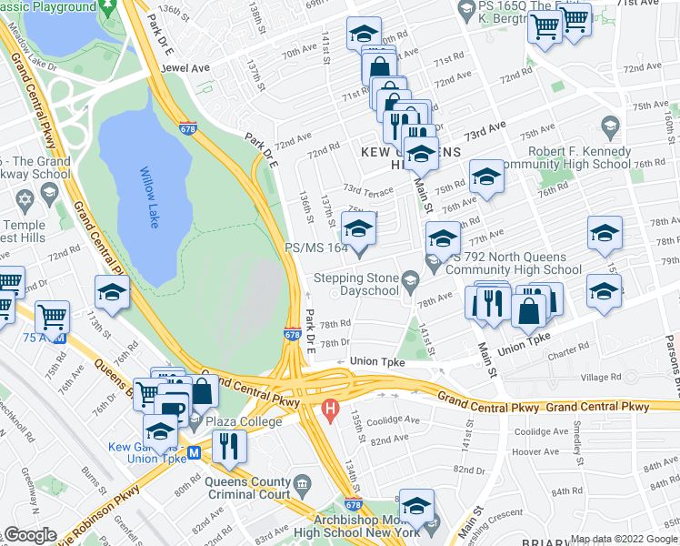map of restaurants, bars, coffee shops, grocery stores, and more near 135-40 77th Avenue in Queens