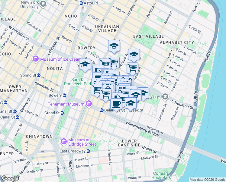 map of restaurants, bars, coffee shops, grocery stores, and more near 153 Norfolk Street in New York