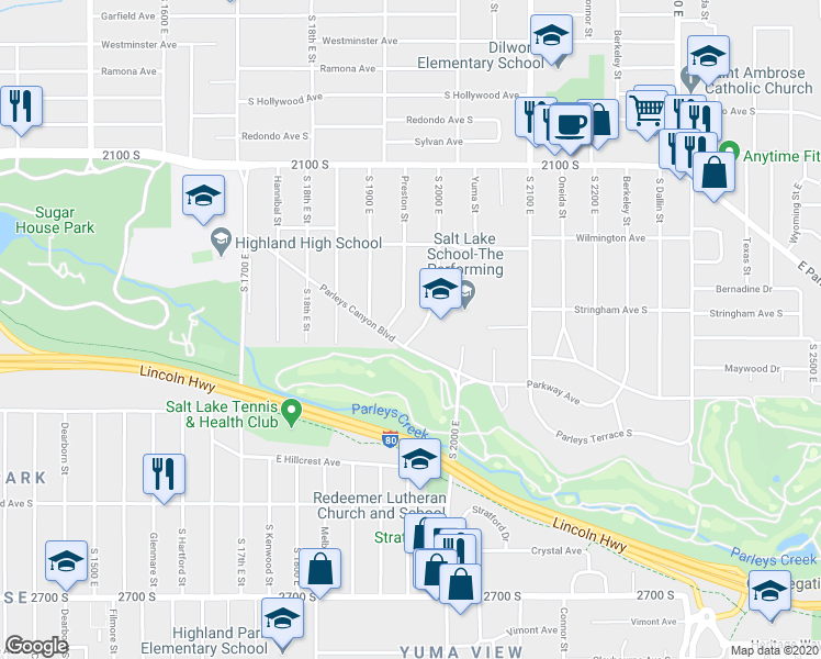 map of restaurants, bars, coffee shops, grocery stores, and more near 2310 South 2000 East in Salt Lake City