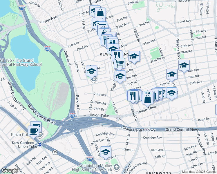 map of restaurants, bars, coffee shops, grocery stores, and more near 77-25 141st Street in Queens