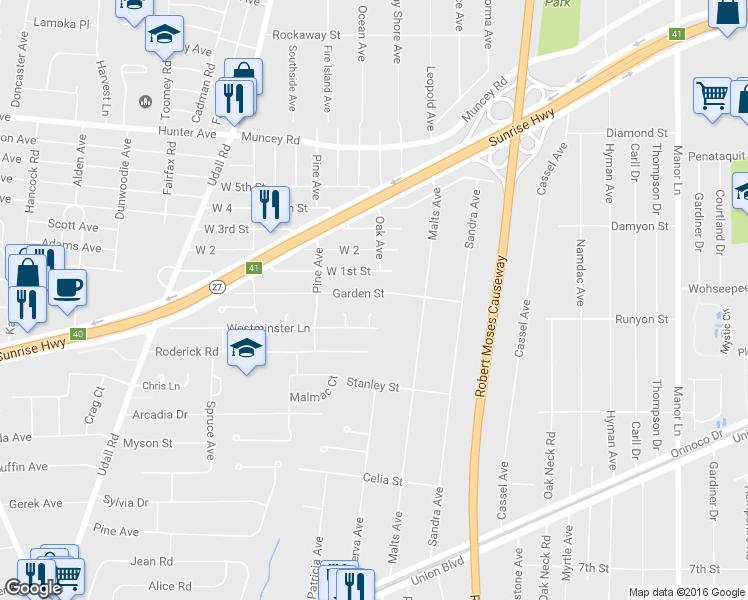 map of restaurants, bars, coffee shops, grocery stores, and more near 398 Garden Street in West Islip