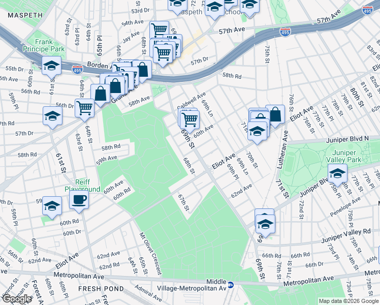 map of restaurants, bars, coffee shops, grocery stores, and more near 68-03 60th Road in Queens