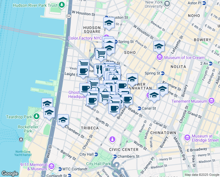 map of restaurants, bars, coffee shops, grocery stores, and more near 47 6th Avenue in New York