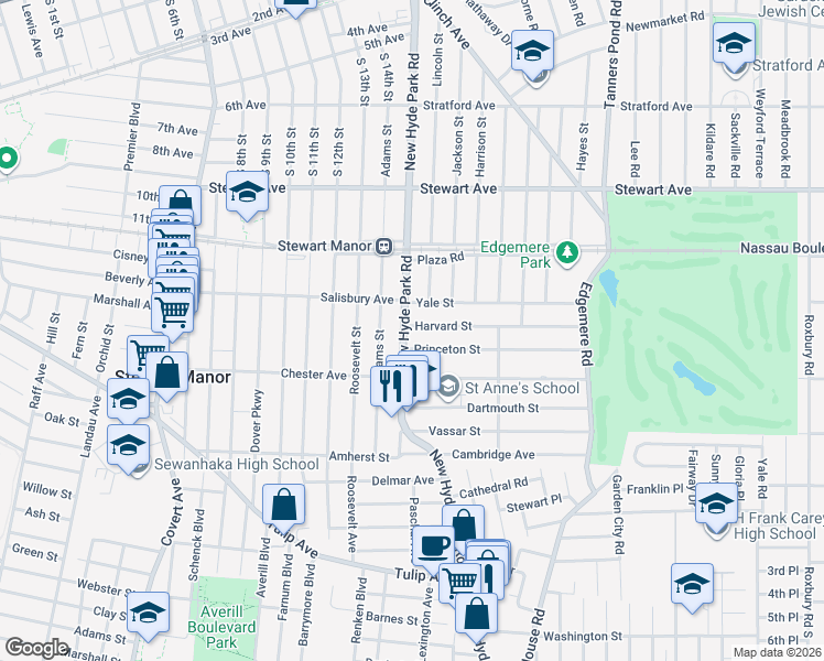 map of restaurants, bars, coffee shops, grocery stores, and more near 2 Harvard Street in Garden City