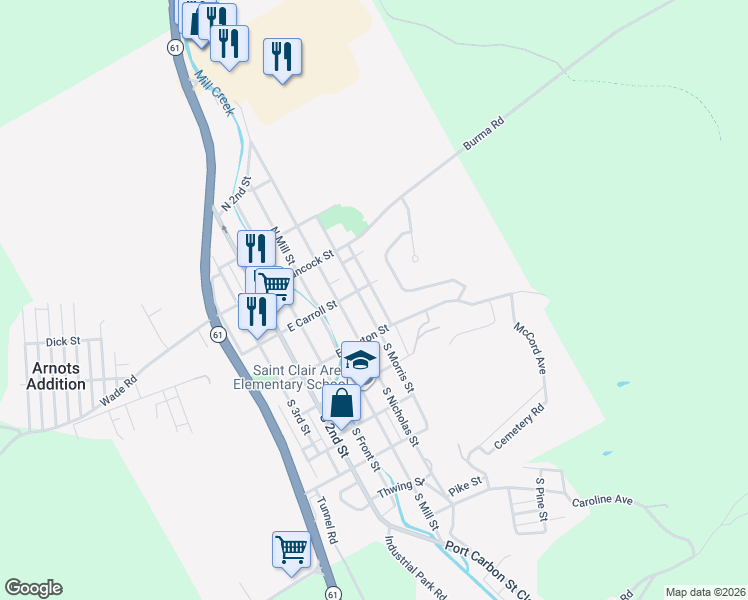map of restaurants, bars, coffee shops, grocery stores, and more near 21 South Morris Street in Saint Clair