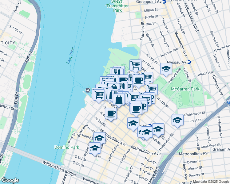 map of restaurants, bars, coffee shops, grocery stores, and more near 66 North 8th Street in Brooklyn
