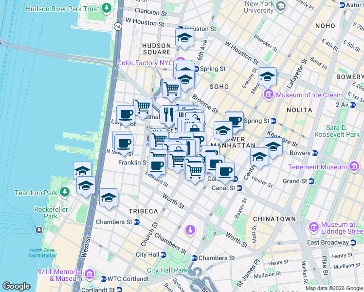 map of restaurants, bars, coffee shops, grocery stores, and more near 47 6th Avenue in New York