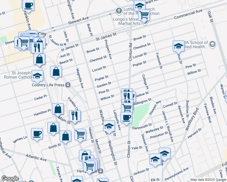 map of restaurants, bars, coffee shops, grocery stores, and more near 70 Pine Street in Garden City