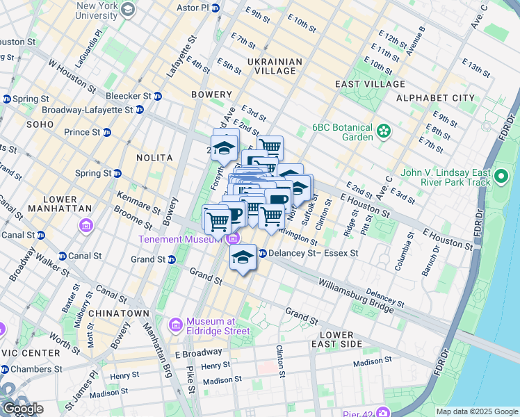 map of restaurants, bars, coffee shops, grocery stores, and more near 143 Ludlow Street in New York