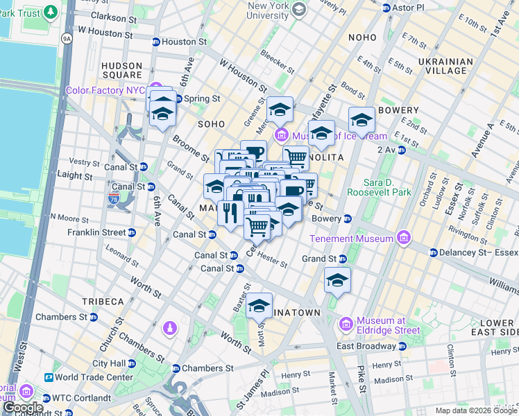 map of restaurants, bars, coffee shops, grocery stores, and more near 138 Grand Street in New York