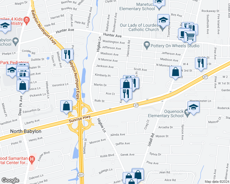 map of restaurants, bars, coffee shops, grocery stores, and more near 75 Ace Court in West Islip