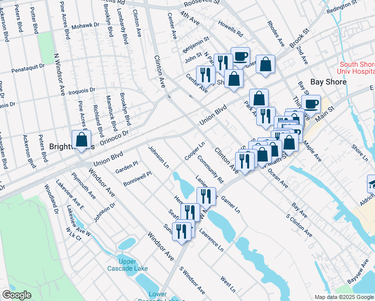 map of restaurants, bars, coffee shops, grocery stores, and more near 38 Community Road in Bay Shore