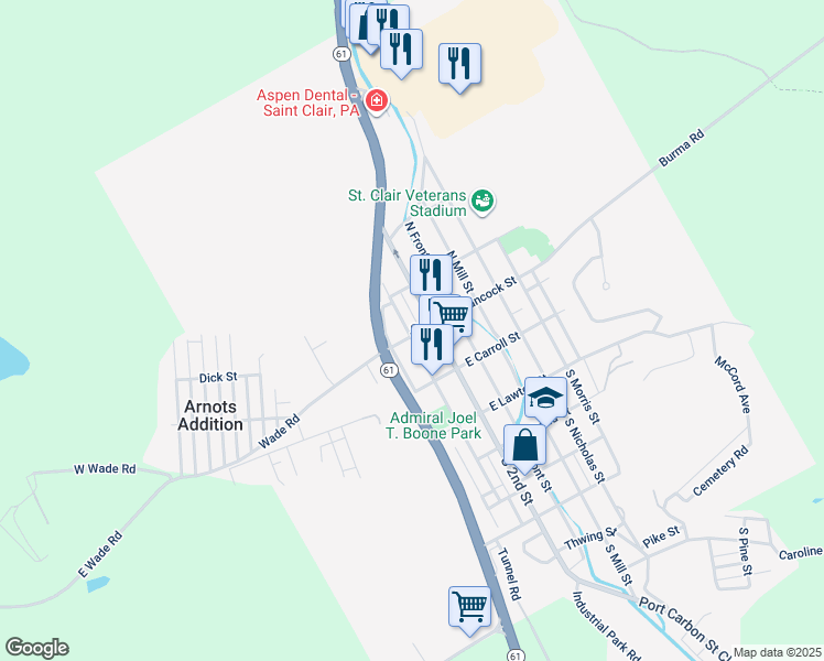map of restaurants, bars, coffee shops, grocery stores, and more near 25 West Hancock Street in Saint Clair