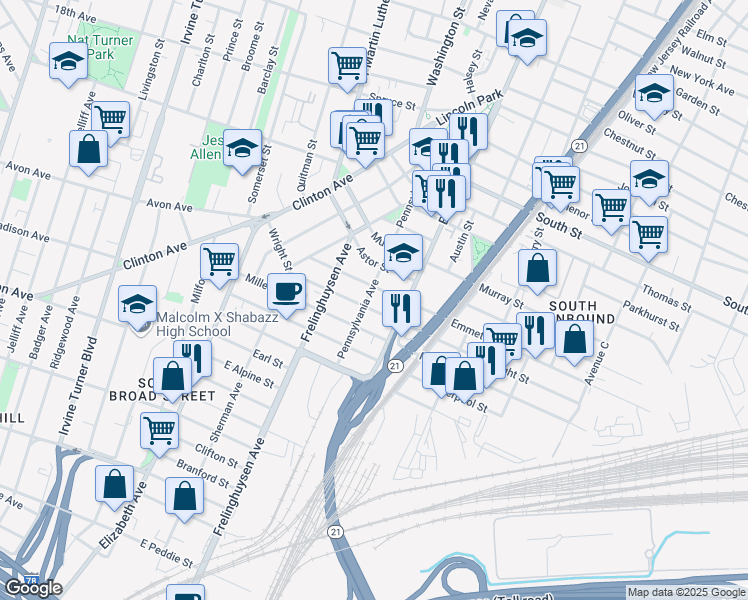 map of restaurants, bars, coffee shops, grocery stores, and more near 137 Pennsylvania Avenue in Newark