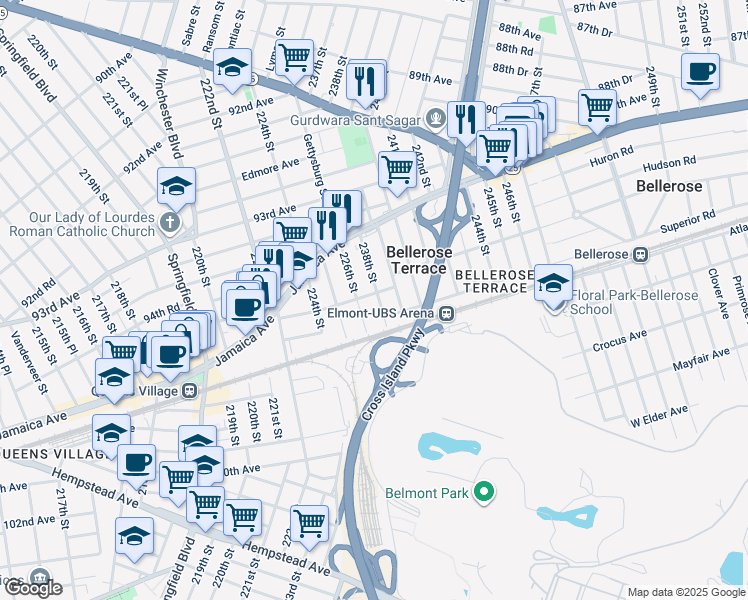map of restaurants, bars, coffee shops, grocery stores, and more near 9510 238th Street in Floral Park