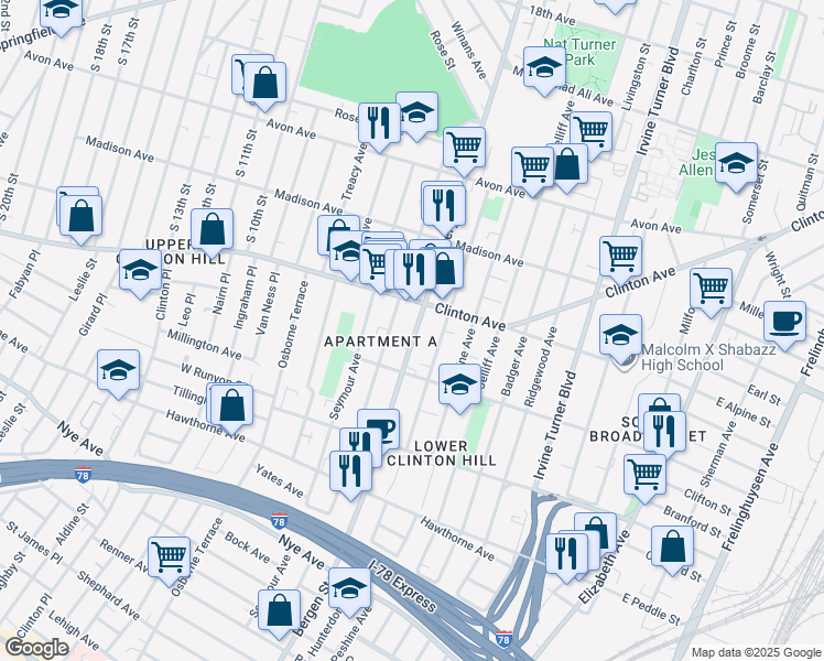 map of restaurants, bars, coffee shops, grocery stores, and more near 686 Bergen Street in Newark