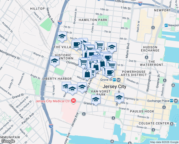 map of restaurants, bars, coffee shops, grocery stores, and more near 116 Wayne Street in Jersey City