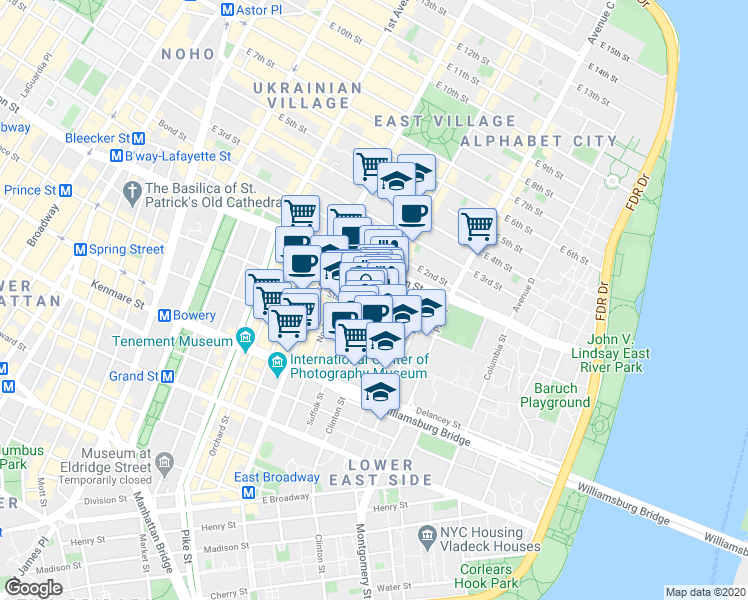 map of restaurants, bars, coffee shops, grocery stores, and more near 23 Clinton Street in New York