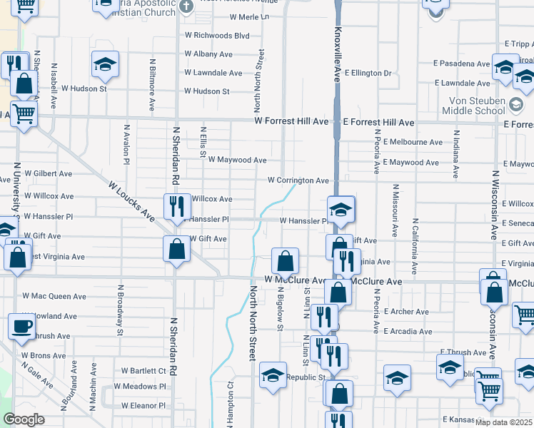 map of restaurants, bars, coffee shops, grocery stores, and more near 311 West Hanssler Place in Peoria