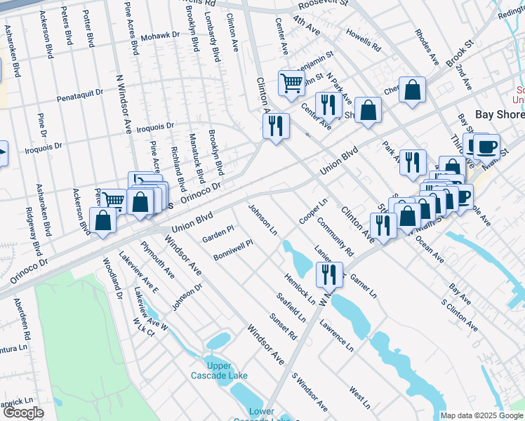 map of restaurants, bars, coffee shops, grocery stores, and more near 61 Johnson Lane in Bay Shore