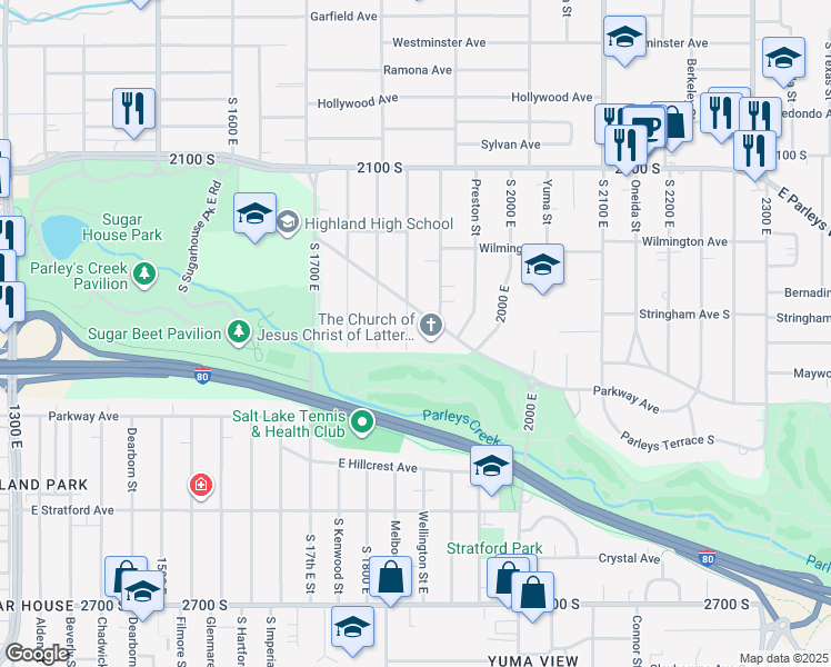 map of restaurants, bars, coffee shops, grocery stores, and more near 2313 Wellington Street East in Salt Lake City
