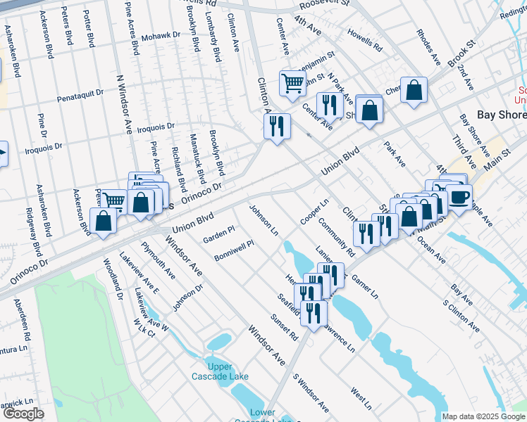 map of restaurants, bars, coffee shops, grocery stores, and more near 61 Johnson Lane in Bay Shore