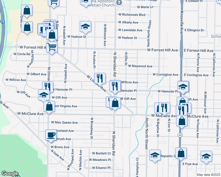map of restaurants, bars, coffee shops, grocery stores, and more near 707 West Hanssler Place in Peoria