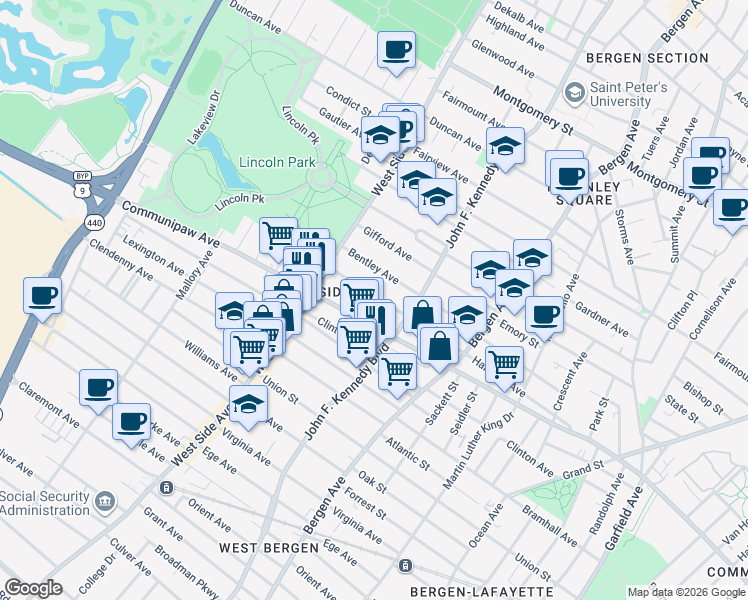 map of restaurants, bars, coffee shops, grocery stores, and more near 245 Harrison Avenue in Jersey City