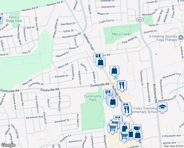 map of restaurants, bars, coffee shops, grocery stores, and more near 600 Fraser Drive in Easton