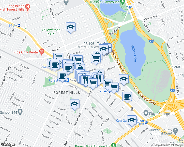 map of restaurants, bars, coffee shops, grocery stores, and more near 72-11 110th Street in Queens