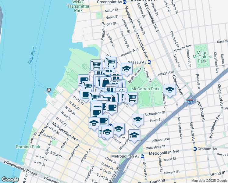 map of restaurants, bars, coffee shops, grocery stores, and more near 135 North 11th Street in Brooklyn