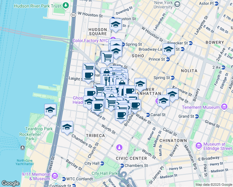 map of restaurants, bars, coffee shops, grocery stores, and more near 47 6th Avenue in New York